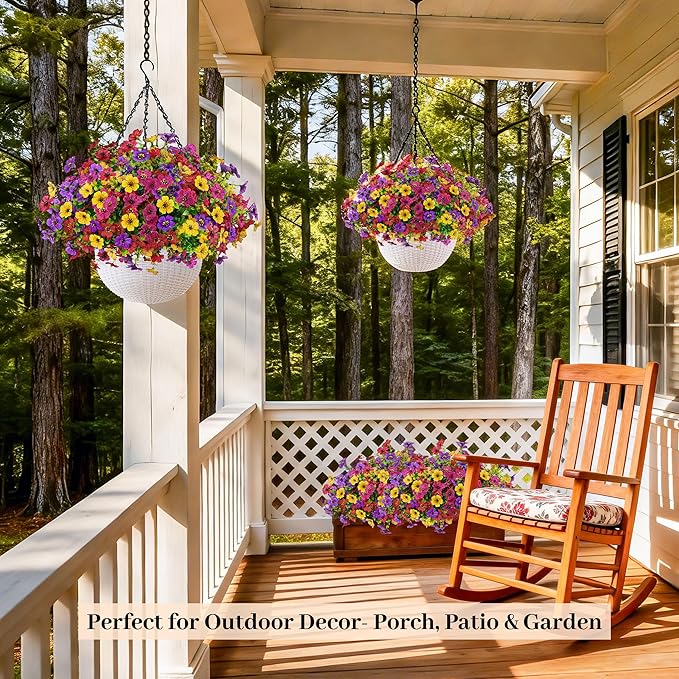 Der Rose Artificial Hanging Flowers Basket for Faux Plants Outdoors UV Resistant Fake Hanging Spring Flowers in Basket for Patio Balcony Farmhouse Outside Decor