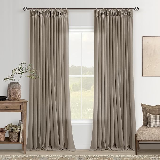 Dark Flax Curtains 102 Inches Long Pinch Pleated for Living Room 2 Panels Set Greyish Beige Pinch Pleat Drapes Back Tab Farmhouse Ceiling Floor 102 Inch Window Curtains Bedroom Burlywood Birch Taupe