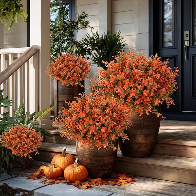AXYLEX Artificial Fall Flowers Outdoor Fake Mums - 16 Bundles Fake Plants UV Resistant No Fade Faux Plastic Greenery Garden Porch Patio Fall Home Decor (Green Orange)