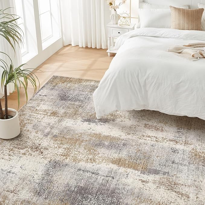 DMOYEST Area Rug Living Room Rugs - 6x9 Washable Soft Indoor Neutral Modern Abstract Low Pile Rug Carpet for Bedroom Dining Room Farmhouse Home Office - Brown Grey