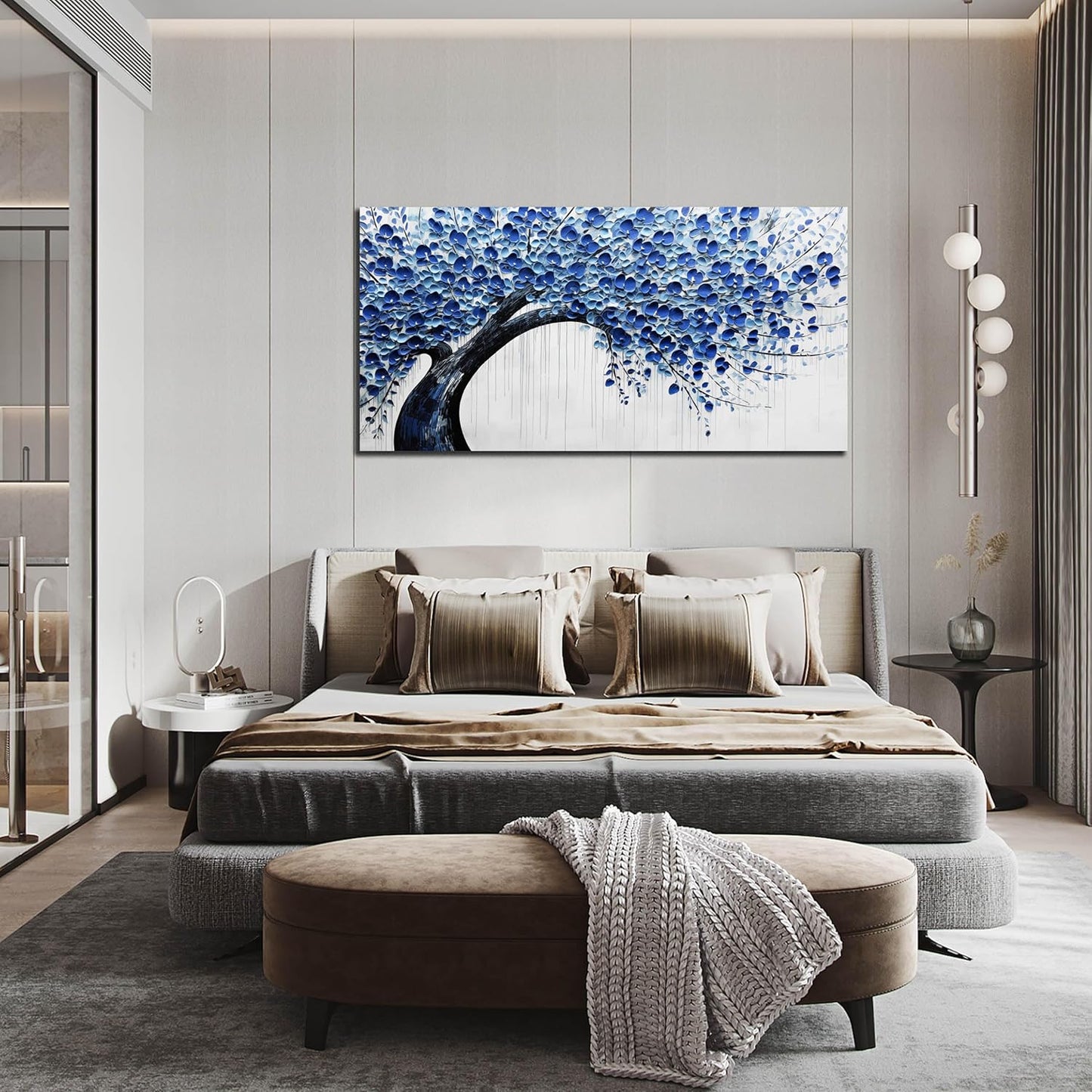 Large Wall Art for Living Room Bedroom Home Office Blue Tree of Life Wall Art Floral Picture Framed Wall Decor Modern Canvas Prints 29x59 In