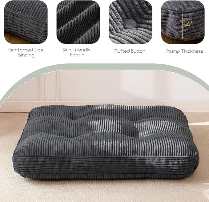 HIGOGOGO 35" Floor Pillow Cushion for Adults, Meditation Cushion Pillow, Extra Large Square Floor Sitting, Tufted Corduroy Cover for Tatami Living Room or Yoga, Dark Grey