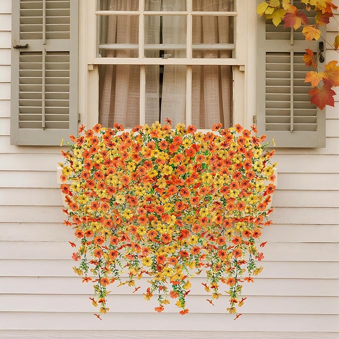 Ammyoo Artificial Hanging Flowers for Outdoors Fake Plants Decoration, 2 Packs Faux Silk Daisy Flower Realistic Outdoor Flowers UV Resistant Porch Patio Window Yard Indoor Spring Decor(Yellow Orange)