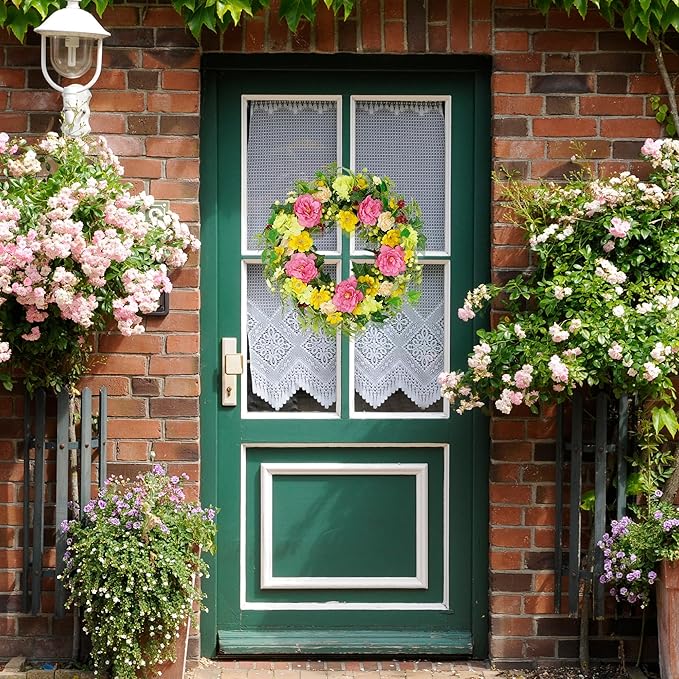 YNYLCHMX 18" Spring Summer Wreaths for Front Door, Artificial Floral Wreath with Peony and Eucalyptus Leaves, Green Foliage Wreath for Wall Window Farmhouse Party Holiday Home Decor