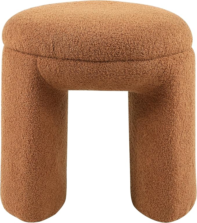 Furniture of America Rami Modern 18-inch Solid Wood Upholstered Ottoman with Pedestal Base, Vanity Stool Chair, Small Foot Stool for Bedroom, Living Room, Entryway, Saddle Brown