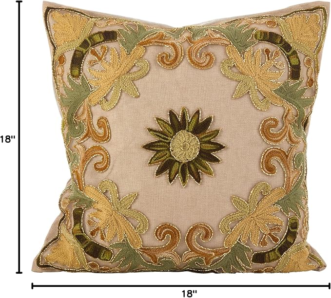 SARO LIFESTYLE Embroidered Floral Design Beaded Cotton Poly Filled Throw Pillow, 18", Green