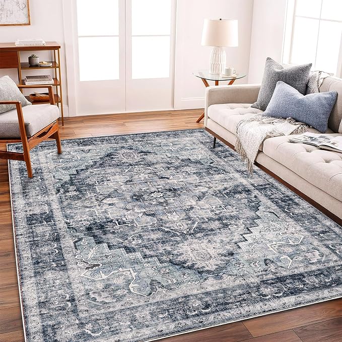 CHAMPLANT Washable Area Rug 8'x10' Dark Blue Retro Boho Design Non-Shedding Non-Slip Easy Care Ideal for High Traffic Areas in Living Room Bedroom Office Coffee Table Kitchen Large Carpet
