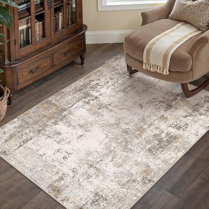 3x5 Washable Area Rug Brown Grey Abstract Non Slip Soft Low Pile Rug for Entryway Kitchen Bathroom Neutral Modern Throw Carpet for Living Room Bedroom Home Decor