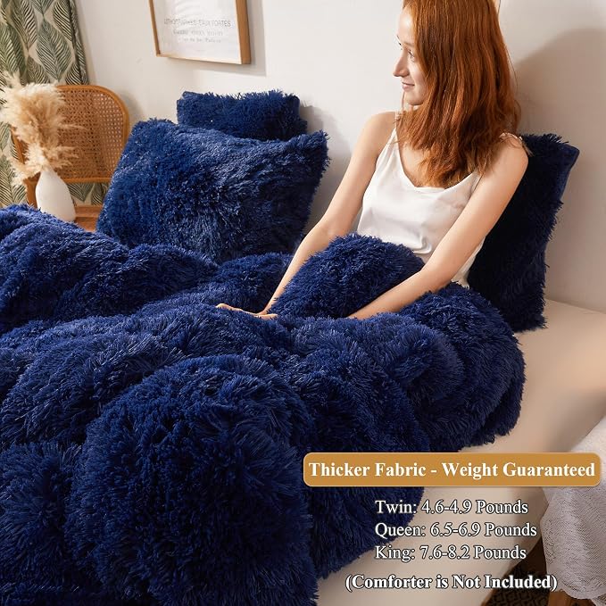 XeGe Plush Shaggy Duvet Cover Set, Luxury Ultra Soft Crystal Velvet Fluffy Bedding Sets 3 Pieces(1 Furry Faux Fur Comforter Cover + 2 Fuzzy Faux Fur Pillowcases), Zipper Closure(Queen, Navy Blue)