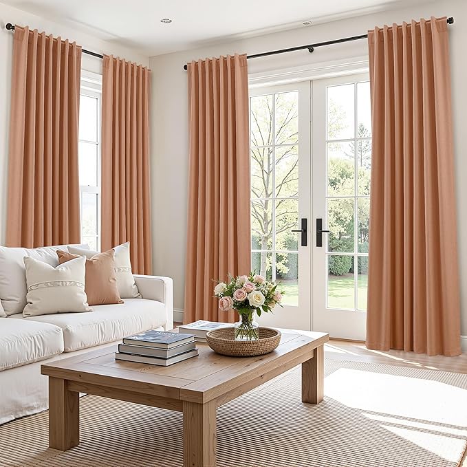 Guken 100% Blackout Curtains 90 Inch Length 2 Panels Set for Living Room Bedroom Back Tab Thermal Insulated Black Out Linen Drapes Room Darkening Peach Quartz,52x90