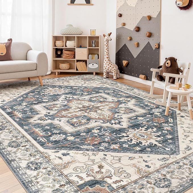 Area Rug for Living Room - 7x9 Washable Oriental Vintage Floral Distressed Large Soft Carpet - Fade Stain Resistant Non Slip Rugs for Bedroom Dining Room Nursery Dorm Office Home Decor - Vintage Blue