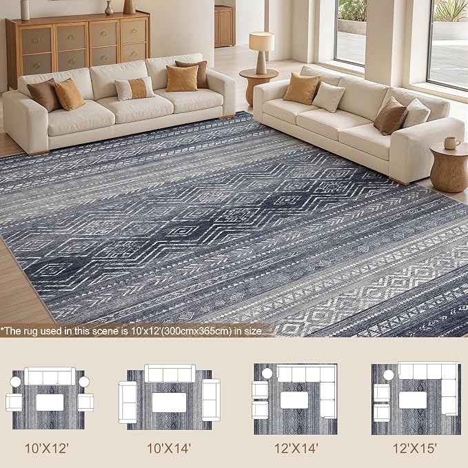 Tortania Area Rug Living Room Rugs- 10x14 Washable Large Soft Neutral Boho Moroccan Bohemian Farmhouse Rug Indoor Floor Carpet for Bedroom Under Dining Table Home Office Decor - Blue Gray