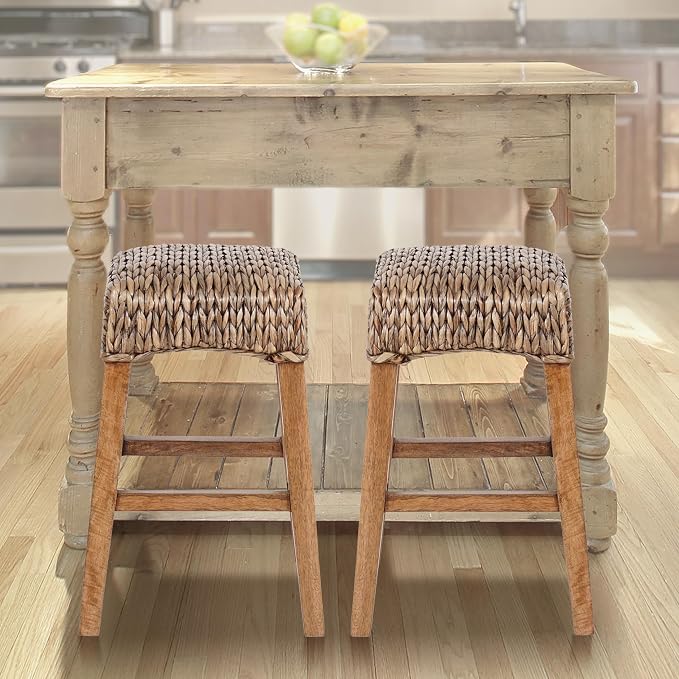 JONATHAN Y Maui Coastal Woven Water Hyacinth Counter Stool, Mango Wood Frame, 26" Backless Counter Stool for Kitchen Island with Integrated Footrest, Fully Assembled, Coastal, Brown Wash CSL1101A