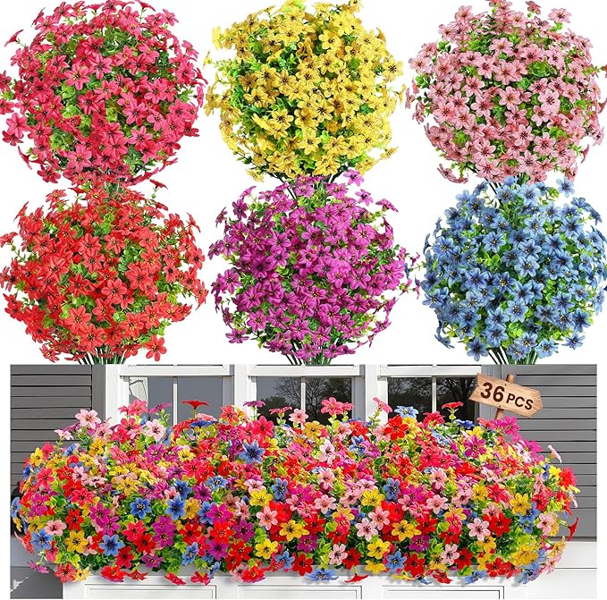 SHareconn 36 Bundles Artificial Flowers for Outdoors Spring Decoration, Fake Silk Realistic Faux Plants UV Resistant for Outside Planter Porch Patio Summer Indoor Decor, RedRose PurpleYellowPinkBlue
