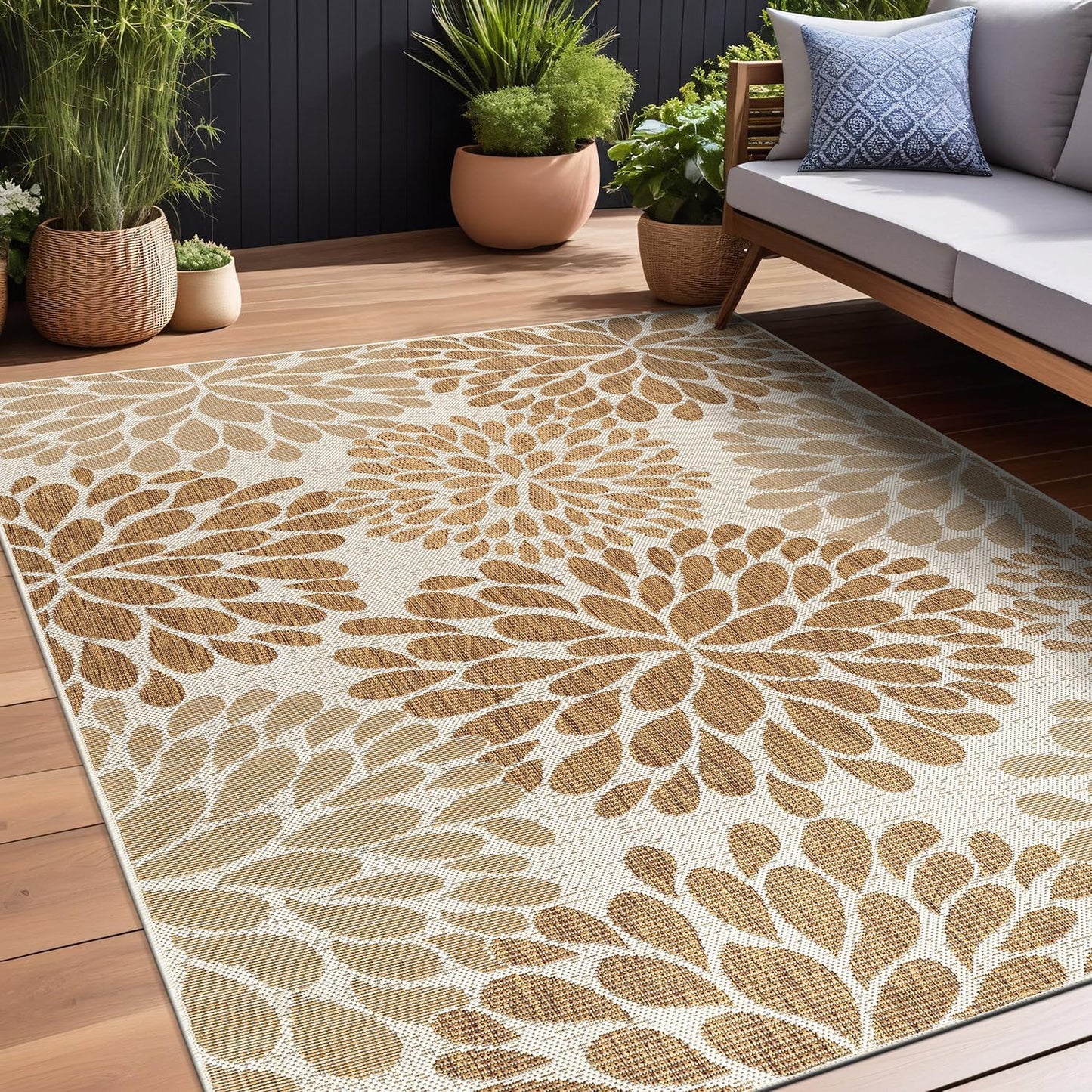 Beverly Rug Outdoor Rug 10x14 Modern Exotic Tropical Leaf Area Rugs for Indoor and Outdoor Patio Deck Porch Garden Water Resistant Washable Outside Carpet (10 x 14 Beige)