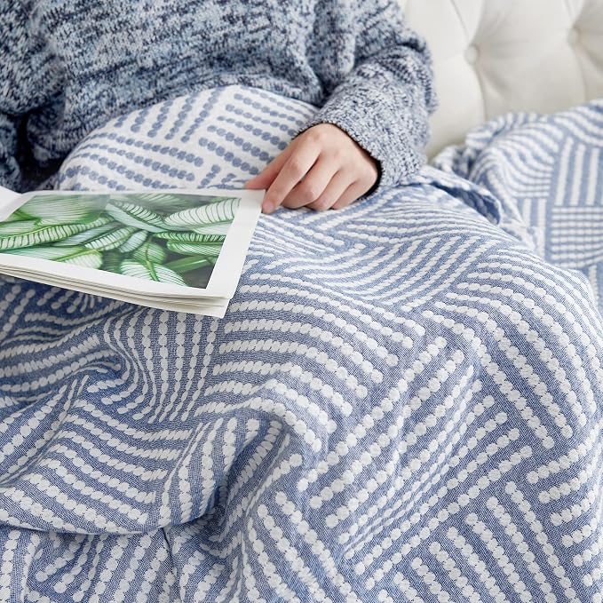 jinchan Boho 100% Cotton Blanket Muslin Twin Size 60x80 Inches Lightweight 3-Layer Geometric Square Striped Pattern Reversible Quilt Throw Soft Breathable Comfy All Seasons for Couch Bed Decor, Blue