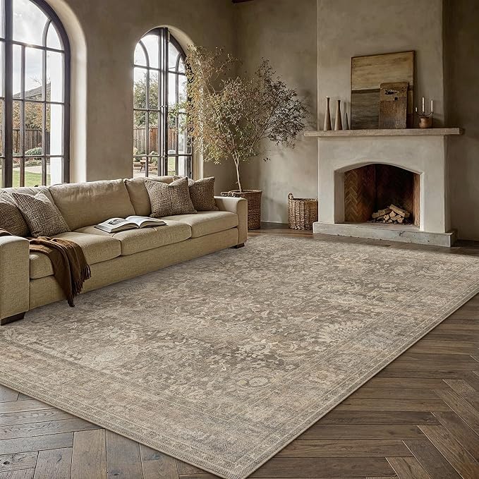 HUGEAR Area Rugs 9x12 Light Brown Washable Rug for Living Room Bedroom Large Neutral Vintage Rug Carpet Distressed Soft Durable Non Slip No Shedding for Indoor Dining Nursery Farmhouse