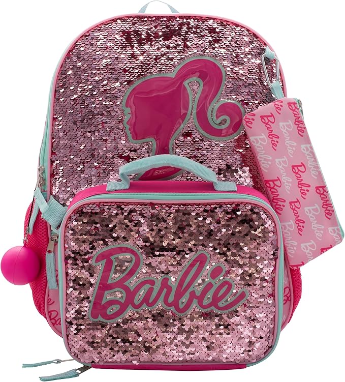 AI ACCESSORY INNOVATIONS Barbie 4 Piece Backpack Set, Sparkle & Shine with this Magic Flip Sequin School Bag for Girls with Zip Front Pocket, Pink