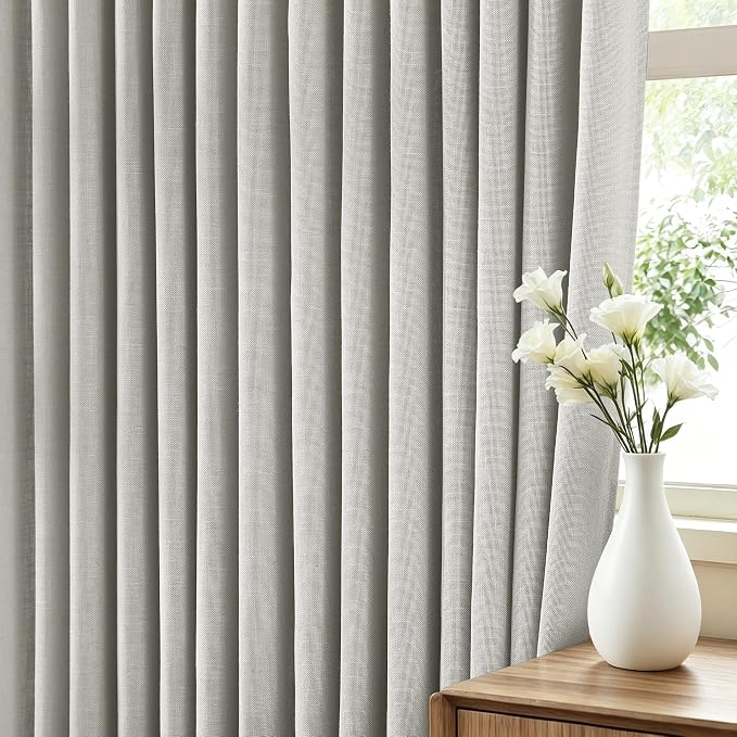 Grey Pleated Linen Curtains 102 inch Long 2 Panels for Living Room Light Filtering Triple Pinch Pleat Curtain Memory Trained Boho FarmhouseNeutral Earthy Thick Flax Linen Drapes 102 Length Light Gray