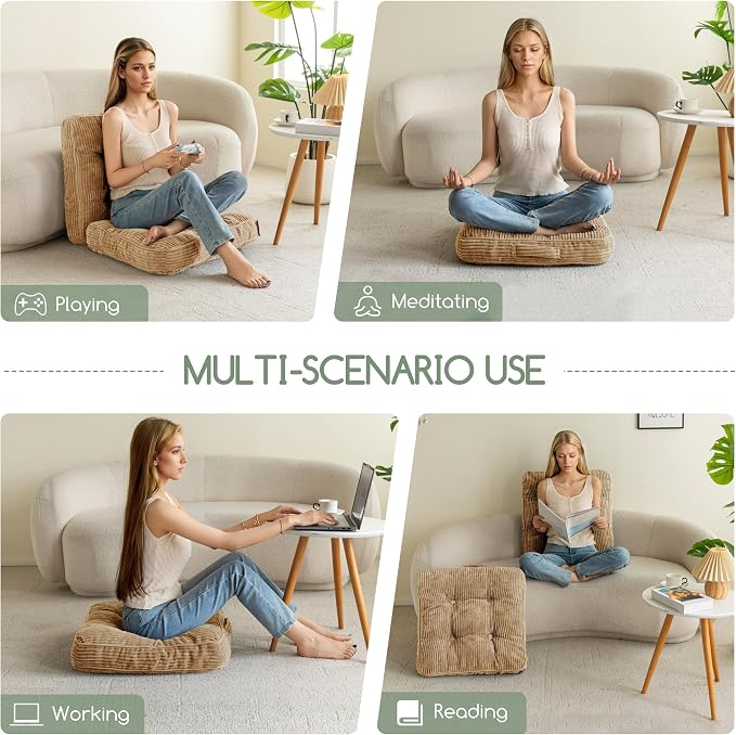 HIGOGOGO Floor Pillow Cushion for Adults, Meditation Cushion Pillow, Large Square Floor Sitting, Tufted Corduroy Cover, for Tatami Living Room or Yoga, 22x22 Inch, Coffee