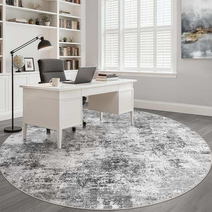 7ft Round Rug Living Room: 7x7 Washable Large Neutral Circle Area Rug Abstract Soft Modern Stain Resistant Indoor Floor Non-Slip Carpet for Bedroom Nursery Kids Office Playroom Dining Room- Black Gray