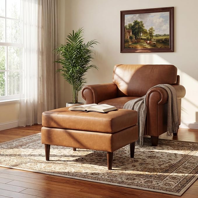 Christopher Knight Home Dalla Faux Leather Ottoman Coffee Table, Small Living Room Sofa Footrest, Wooden Rectangular Ottoman Footstool, Guest Extra Seat, Tan Brown+Walnut