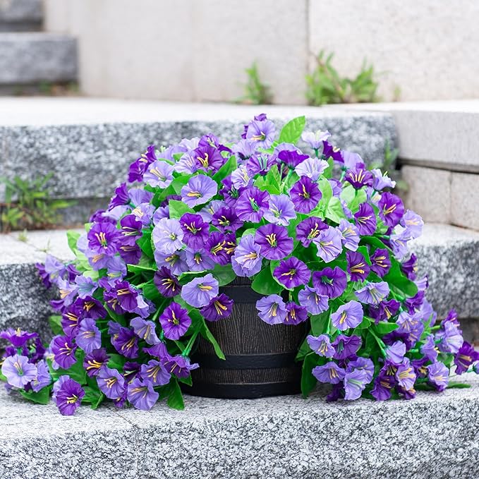 INXUGAO Artificial Fake Hanging Flowers Plants for Outdoor Decoration, 2PCS Faux Silk Morning Glory Long Vines Stems UV Resistant Look Real for Spring Summer Outside Home Porch Patio, Purple