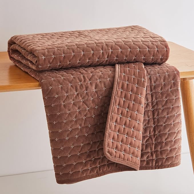 Levtex Home - Velvet Stitch - Throw - Cross Stitch Velvet - Rust with White - Quilt (50x60in.) and Sham 50x60in. - Polyester