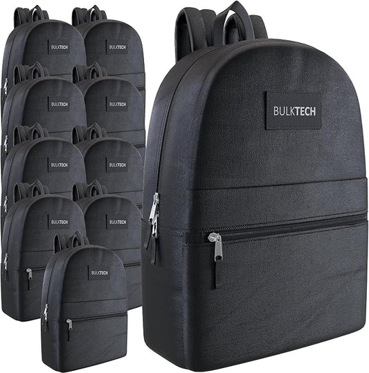 20 Pack Bulk Backpacks, Wholesale 17-Inch Lightweight Bookbags for Kids, Adults, School, Classroom, Travel, Gym Supplies with 1 Large, 1 Small Pocket, Perfect for Events, Corporate Bundles, Black