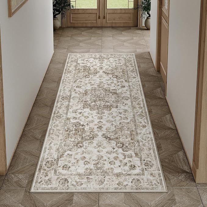 2x5 Washable Neutral Runner Rug Brown Vintage Hallway Kitchen Carpet Non-Slip Soft Low Pile Farmhouse Throw Rug for Bedroom Bathroom Laundry Living Room