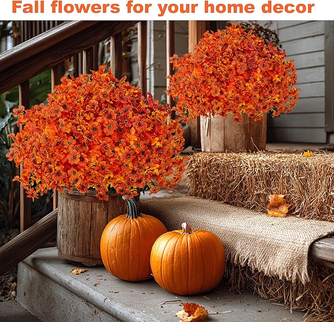 AXYLEX Artificial Fall Flowers Outdoor Fake Mums - 16 Bundles Fake Plants UV Resistant No Fade Faux Plastic Greenery Garden Porch Patio Fall Home Decor (Orangeyellow)