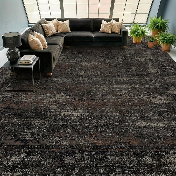 TALANOVA Modern Farmhouse Black 10x14 Washable Area Rug for Living Room & Dining Room, Abstract Non Slip Low Pile Rug for Bedroom, Dark Charcoal Stain Resistant Extra Large Decor