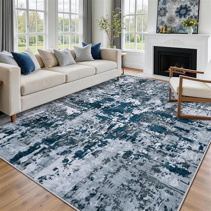9x12 Area Rugs for Living Room Rug Washable: Abstract Large Rug for Dining Room Bedroom Carpet Non Slip 9 by 12 Indoor Modern Nursery Home Office Navy Grey