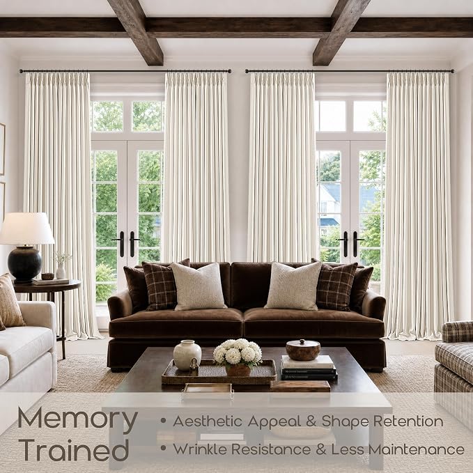 Pinch Pleated Linen Curtains 100 Inches Long Natural Memory Trained Semi Sheer Privacy Pleat Drapes with Hooks Rings 100 Inch Back Tab Light Filtering Window Curtain for Living Room Bedroom 2 Panels