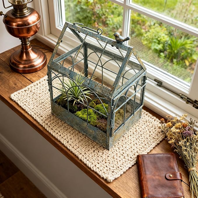 Large House Shape Glass Terrarium with Lid, Geometric Greenhouse - Style Planter for Ferns, Succulents, Air Plants, Handmade Indoor Tabletop Decor (Terrarium Only)