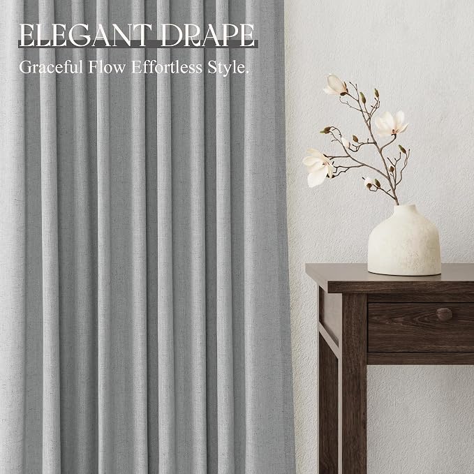Jowels Grey Linen Curtains 108 Inch Long 2 Panels for Living Room | Gray Light Filtering Sheer Curtain, Back Tab Pocket Pleated Look, Boho Farmhouse Textured Privacy Drapes for Bedroom Window