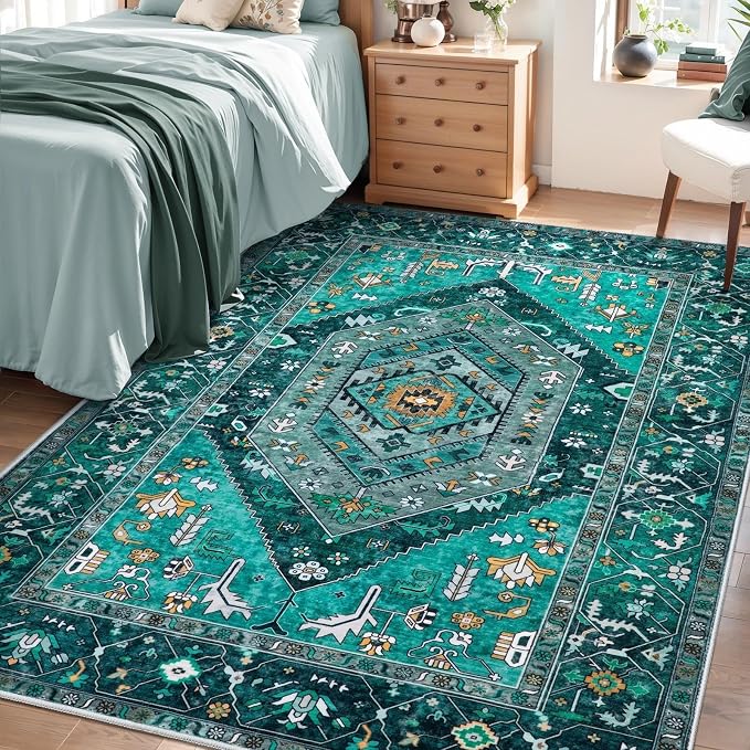 SERISSA 4x6 Boho Bedroom Rug, Washable Non Slip Vintage Teal Area Rugs, Ultra Soft Print Distressed Tribal Entry Rug Low-Pile Throw Carpet for Nursery Dorm Kitchen Living Room Decor