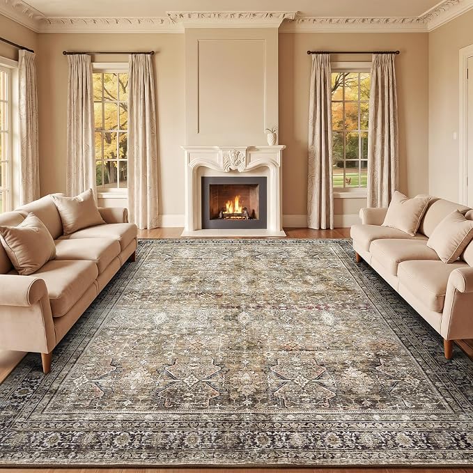 Lofus 8x10 Area Rug for Living Room,Brown Washable Large Rugs with Non-Slip Backing,Soft Neutral Carpets for Bedroom Dining Room Home Office Indoor Nursery