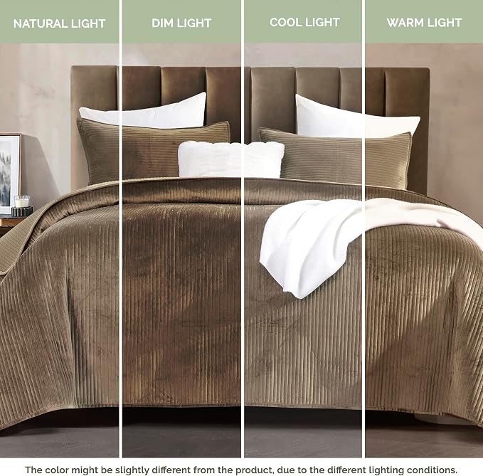 Elegant Comfort Luxury 3-Piece Velvet Corduroy Stripe Quilt Set, Ultra Soft Bedspread - Cozy Velvet Coverlet Set - 3PC Medium Weight Quilted Set with Matching Pillow Shams, King, Khaki