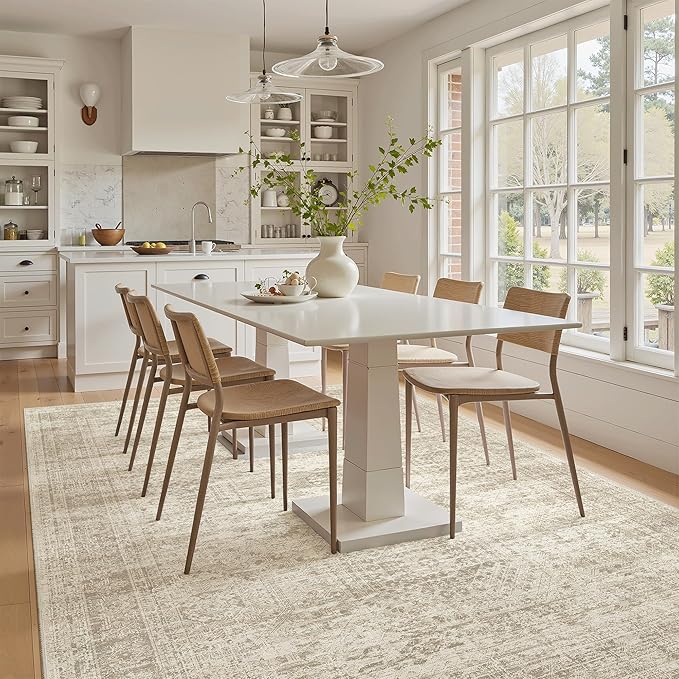 Soalmost 5x8 Area Rugs Beige Low Pile Indoor Washable Trendy Faded Style Rugs for Bedroom Living Room Dining Room Foldable Non-Slip Thin Print Home Office Mat