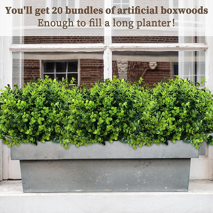 ColoPlay 20 Bundles Artificial Greenery Boxwood Plants, Fake Plant for Garden Porch, Window Box, Home Wedding, Farmhouse, and Indoor Outdoor Decoration