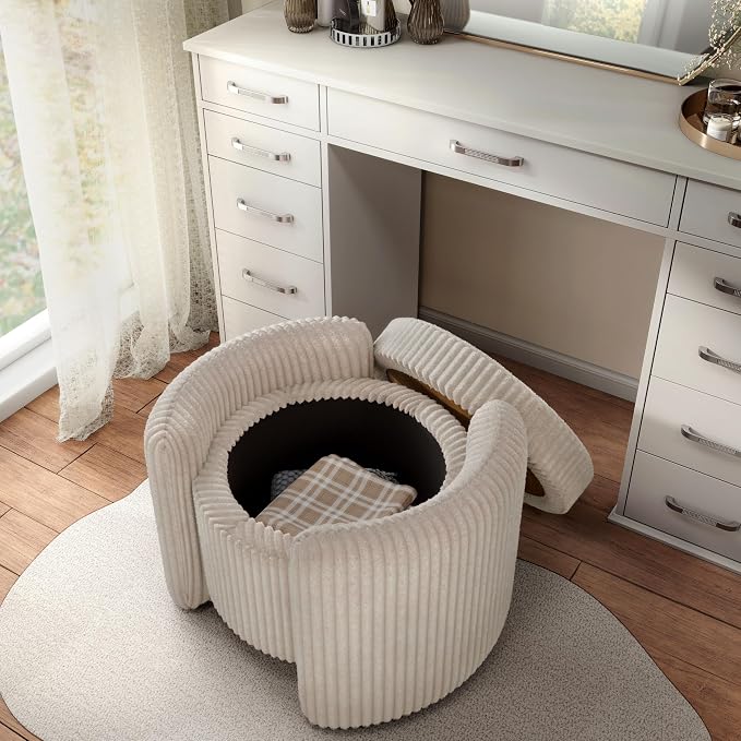Furniture of America Lennox Modern Chenille 25-inch Round Storage Ottoman with Reversible Flip Top, Upholstered Footstool for Living Room, Bedroom, Entryway, Beige Pink