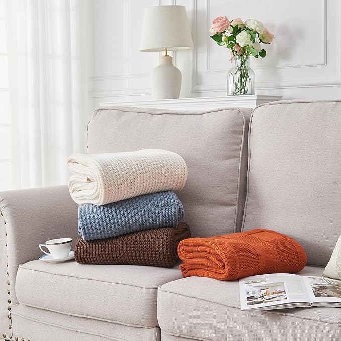 Douceur Cream Throw Blanket for Bed, Soft Chunky Cable Knit Throw Blanket, Classic Fisherman's Rib Stitch Pattern Throw for Living Room,60"X80"