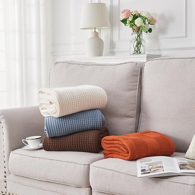 Douceur Blue Throw Blanket for Couch, Soft Chunky Cable Knit Throw Blanket, Classic Fisherman's Rib Stitch Pattern Throw for Living Room, 50"X60"