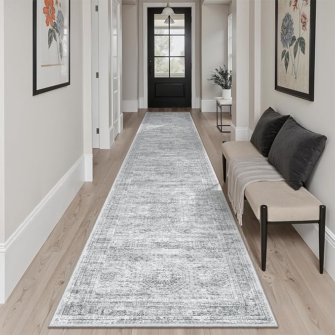 Soalmost Runner Rug 2x12 Washable Non-Slip Hallway Runner Rugs for Kitchen Bathroom Laundry Room Grey Vintage Floor Carpet Runners for Hallways Entryway