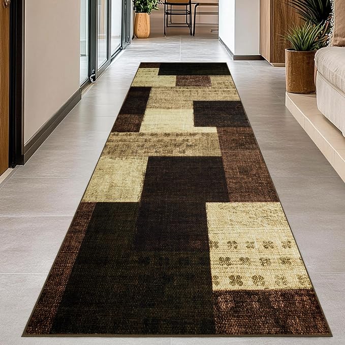 Modern Geometric Patchwork Indoor Runner Rug for Living Room, Warm Taupe 2'x 6' Rug Rockwood Collection Hardwood Floors Decor for Bedroom, Taupe Throw Carpet for Office Entryway Dining Room