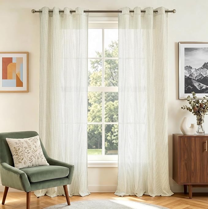 DriftAway 3D Chenille Striped Curtains 102 Inches Long Tweed Linen Textured Light Filtering Woven Embroidered Luxury Soft Drapes for Living Room Bedroom Grommet Privacy 2 Panels W52 x L102 Green Gray