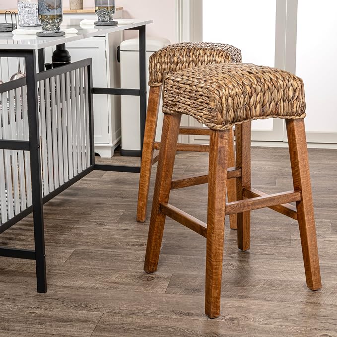 JONATHAN Y Maui Coastal Woven Water Hyacinth Bar Stool, Mango Wood Frame, 30" Backless Barstool for Kitchen Island with Integrated Footrest, Fully Assembled, Coastal, Brown Wash BSL1101A