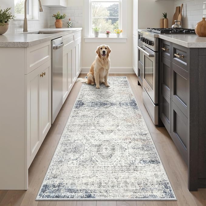 Soalmost Runner Rug 2x6 Washable Non-Slip Kitchen Runner Rugs for Bathroom Laundry Room Blue Ivory Vintage Floor Carpet Runners for Hallway Entryway