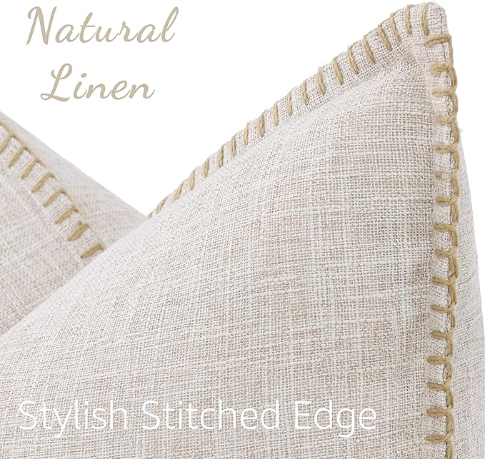 decorUhome Summer Decorative Throw Pillow Covers 16x16 Set of 2 Square Faux Linen Outdoor Neutral Farmhouse Pillow Covers with Stitched Edge for Couch Sofa Living Room, Beige